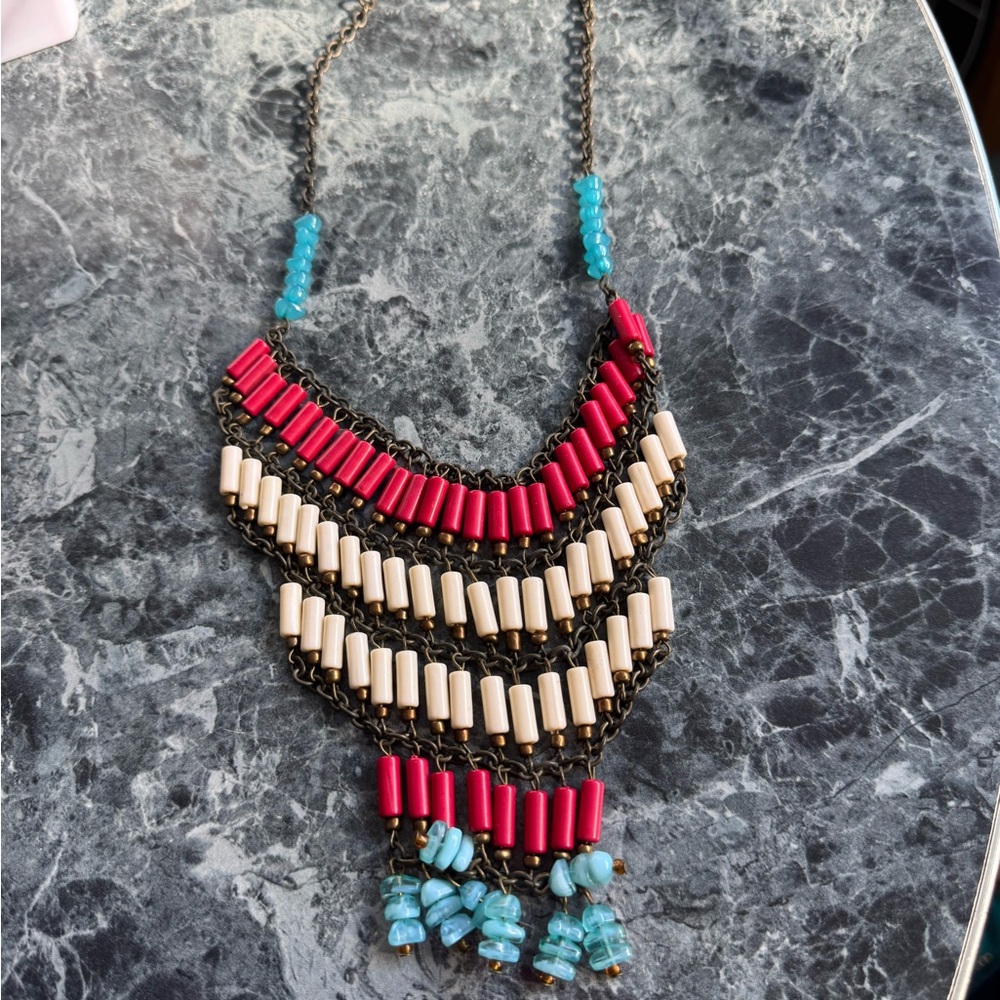 Turquoise & Red Beaded Statement Necklace - Women Jewelry